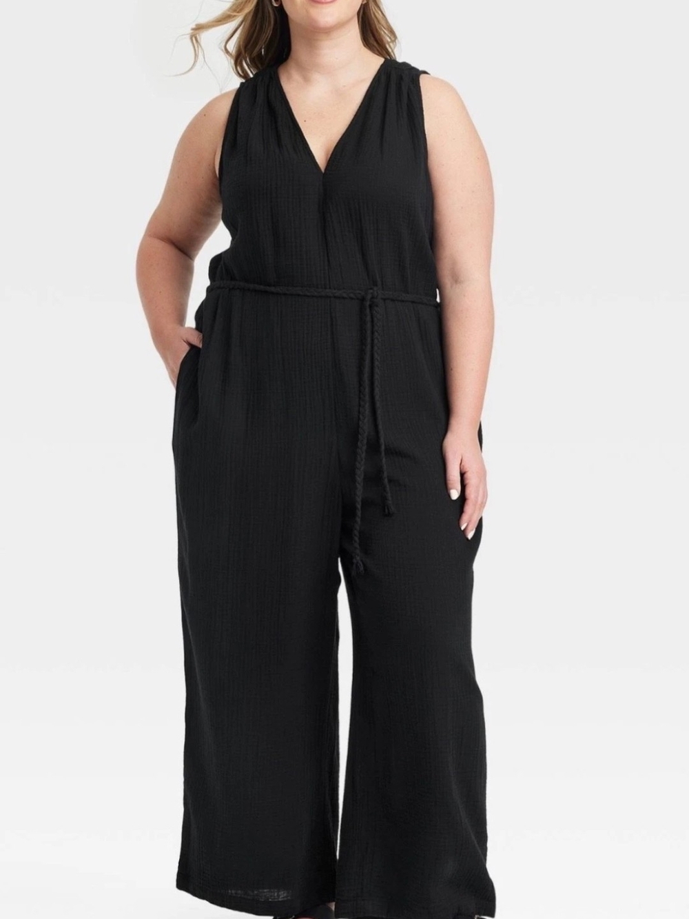 Universal Thread Black Sleeveless V-Neck Jumpsuit with Rope Tie